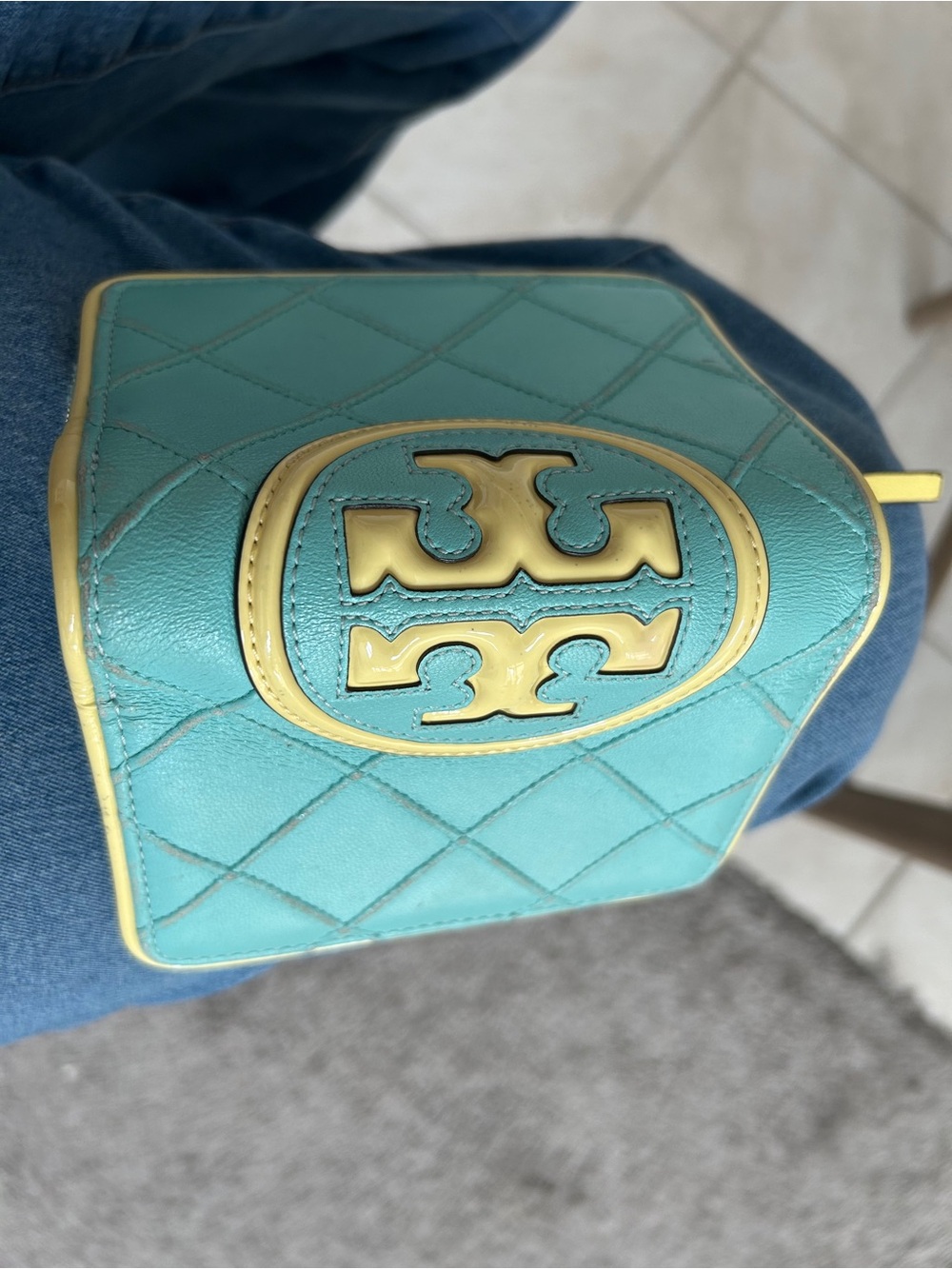 Tory Burch Teal Quilted Leather wallet with Yellow Trim